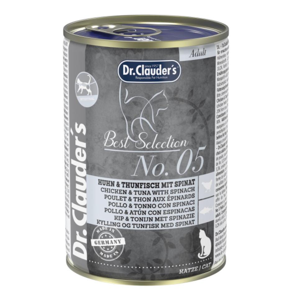 DR CLAUDERS N°5 CAT ADULT POLLO Y ATUN CON ESPINACAS 400 GR 