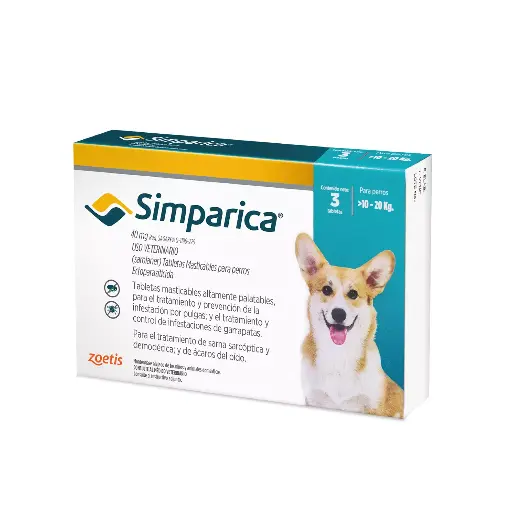 SIMPARICA 40 MG X 3 TABLETAS (TURQUEZA), 10-20KG