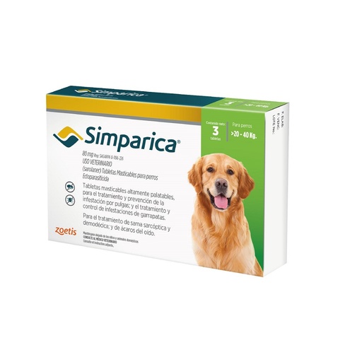 SIMPARICA 80 MG X 3 TABLETAS (VERDE), 20-40 KG