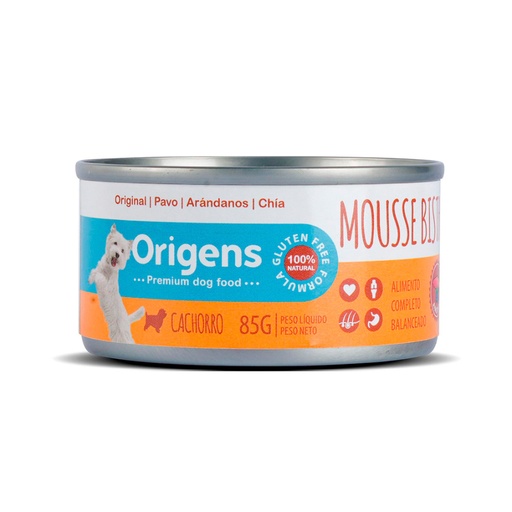 ORIGENS MOUSSE BISTRO CACHORRO ANDINO PAVO, ARANDANOS Y CHIA 85GR 
