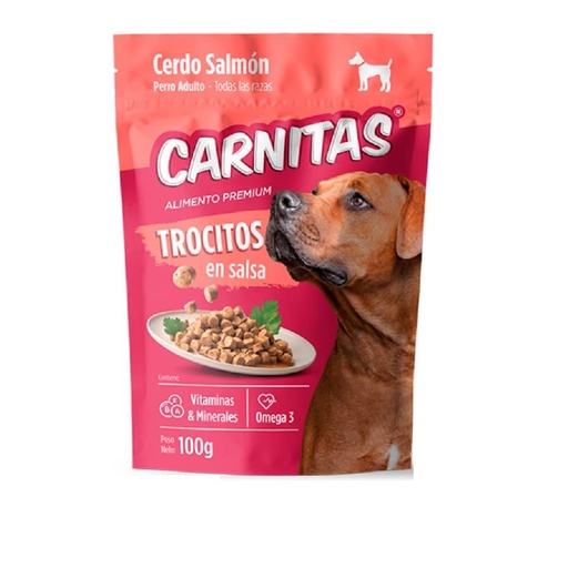 MIMMA CARNITAS PERRO TROCITOS EN SALSA CERDO Y SALMON 100 GR
